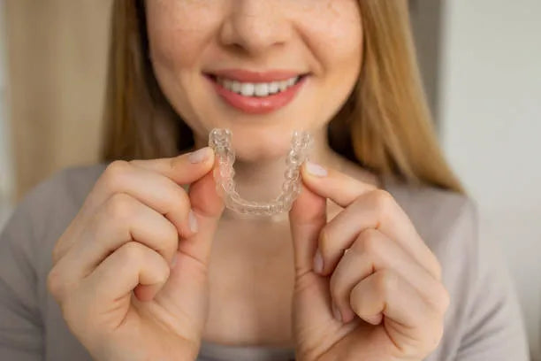 Woman holding a clear dental aligner