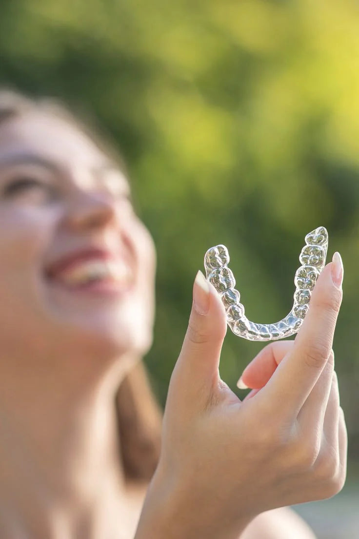 Person holding a clear dental aligner against a blurred green background