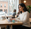 Adult in Ann Arbor café with clear aligner case beside laptop