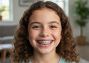 Child smiling confidently while wearing metal braces