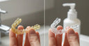 Before and after aligner cleaning showing stain removal