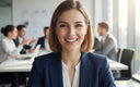 Professional smiling confidently in office with clear aligners.