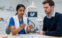 dentist explaining night guard options to a patient with samples on table.