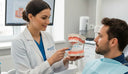 Dentist showing a denture model to a patient