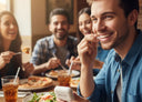 Person removing aligners before enjoying a meal with friends.