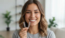 Smiling person holding custom online dental retainer