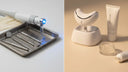 Side-by-side comparison of traditional dental whitening tools and at-home LED whitening system.