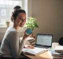 Student using affordable clear aligners while studying at desk