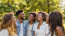 Diverse group of friends laughing outdoors with bright smiles from wearing clear aligners and retainers