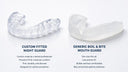 Custom fitted dental night guard next to a generic boil and bite mouth guard comparison — NewSmile USA custom night guards from $99