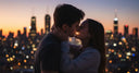Silhouette of couple kissing, clear aligners highlighted on teeth