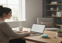 Focused person working at a desk, relaxed expression, night guard case visible beside laptop