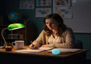 Teacher grading papers with night guard case nearby