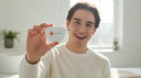 young adult smiling confidently while holding a clear dental retainer case