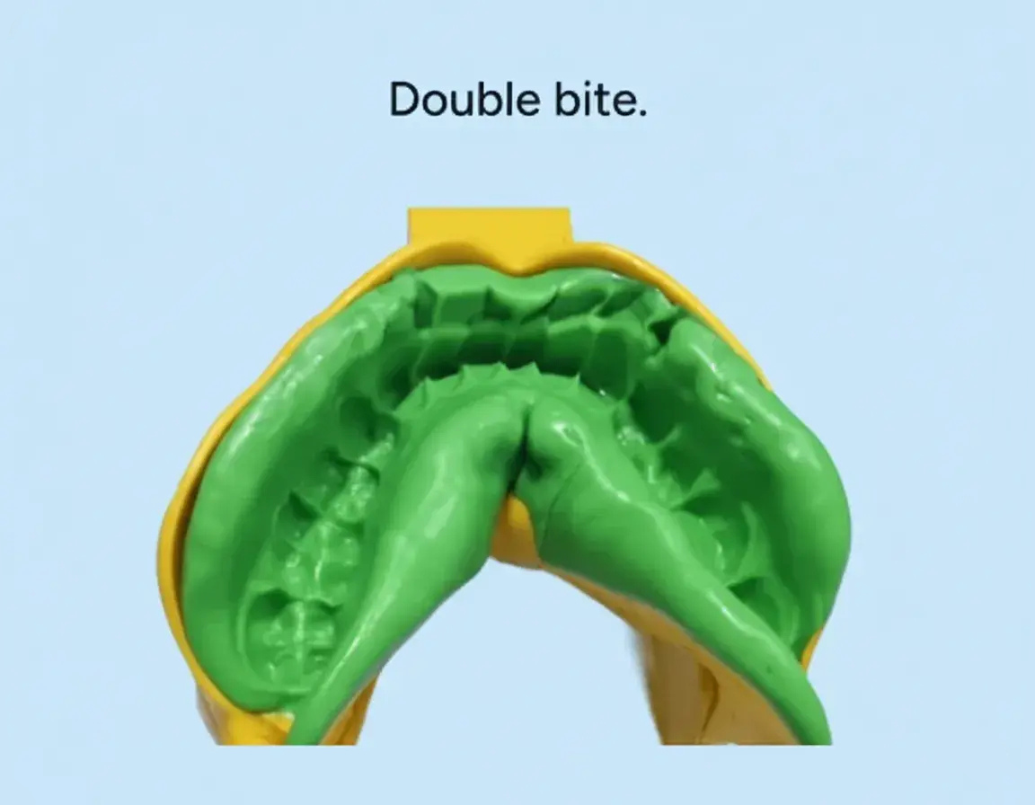 Yellow tray with green putty, border labeled 'Double bite' on a light blue background
