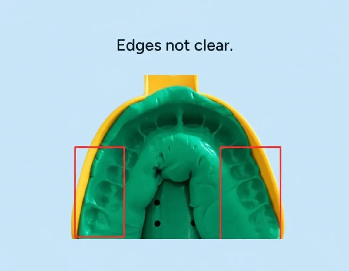 Green putties in a yellow tray with 'Edges not clear.' text on a blue background