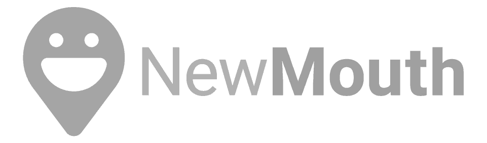 Gray logo and text for 'NewMouth' on a white background