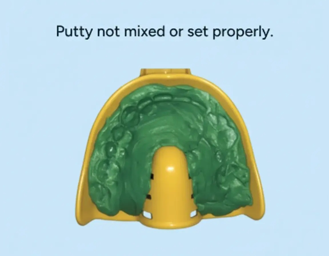 Green putty in a yellow mold with text 'Putty not mixed or set properly' on a blue background