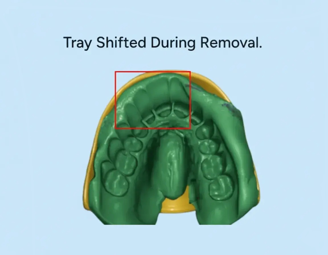 Mouth mold with a red box highlighting a shifted tray on a light blue background