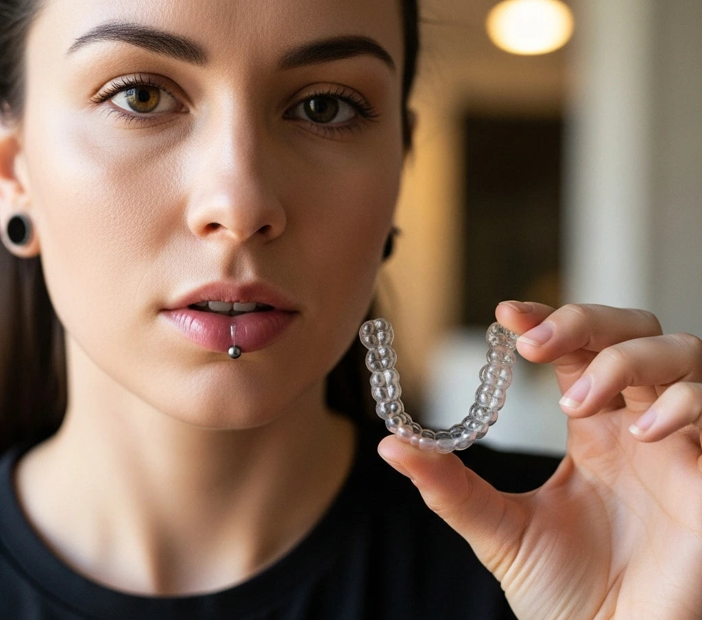 NewSmile: nighttime clear aligner retainer - woman holding aligner