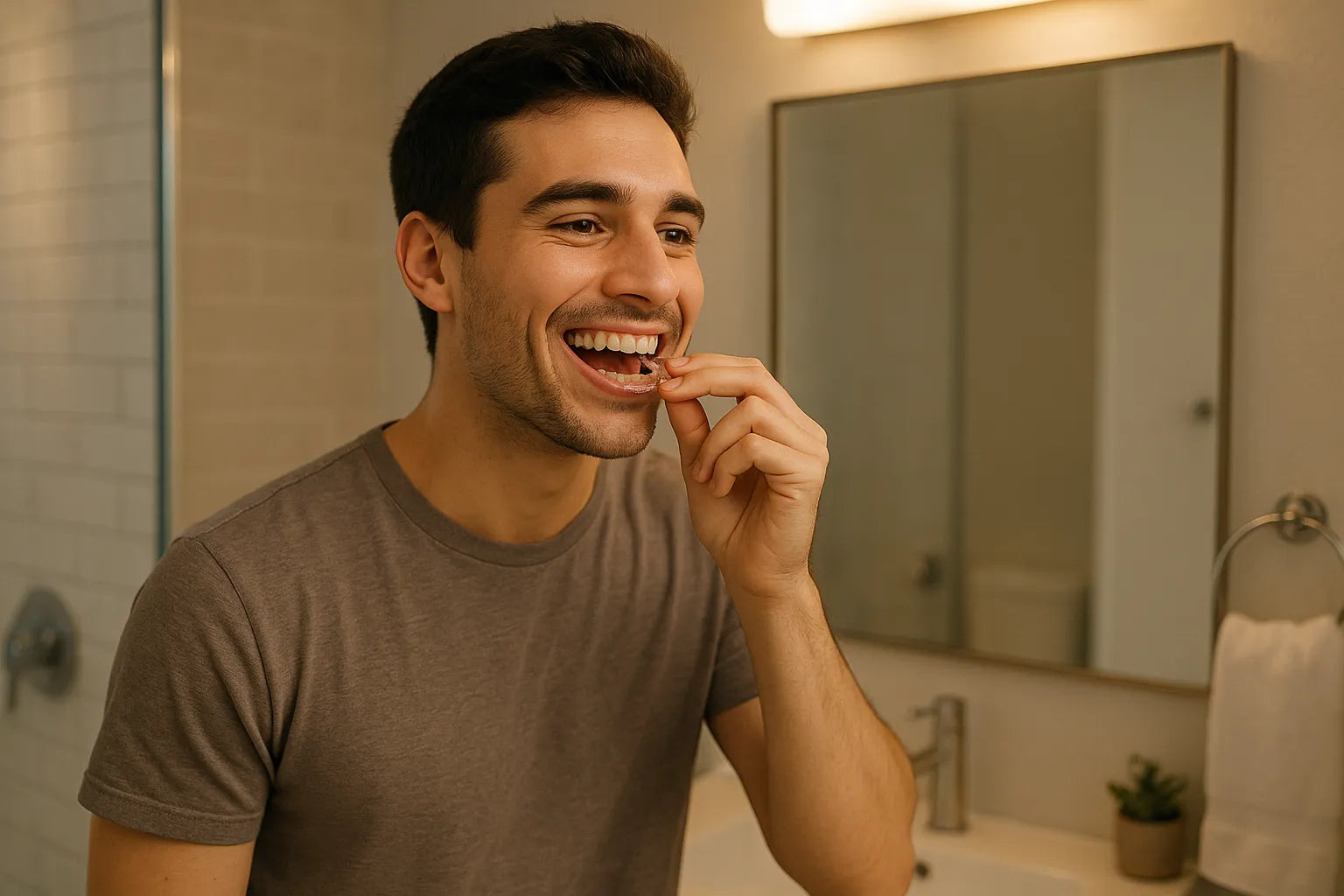 Man putting on clear day aligners for straighter teeth